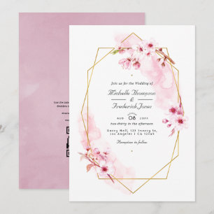 Geometrische roze kersenbloesem QR-code RSVP-huwel Kaart