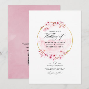 Geometrische roze kersenbloesem QR-code RSVP-huwel Kaart