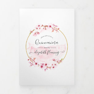 Geometrische Roze Kersenbloesem Quinceañera Foto Drieluik Kaart