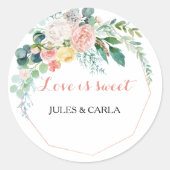 Geometrische roze lente bloemenliefde is zoete bru ronde sticker (Voorkant)