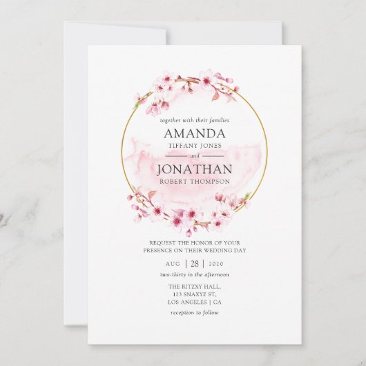 Geometrische roze lenteskers bloesem bruiloft kaart (Voorkant)