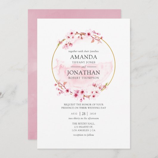 Geometrische roze lenteskers bloesem bruiloft kaart (Voorkant / Achterkant)