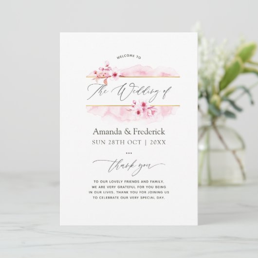 Geometrische roze lenteskers bloesem bruiloft programmakaart (Staand voorkant)