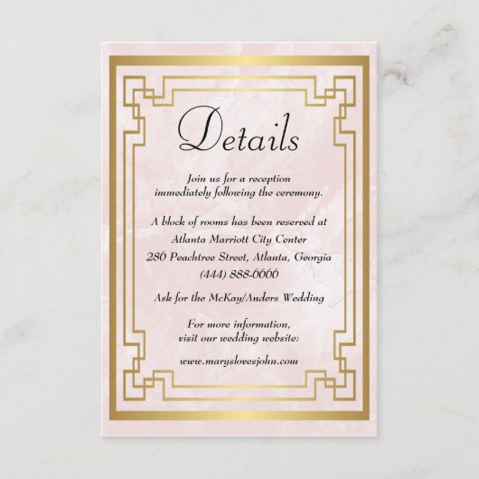 Geometrische roze marmer Weddenschap Details Informatiekaartje (Voorkant)