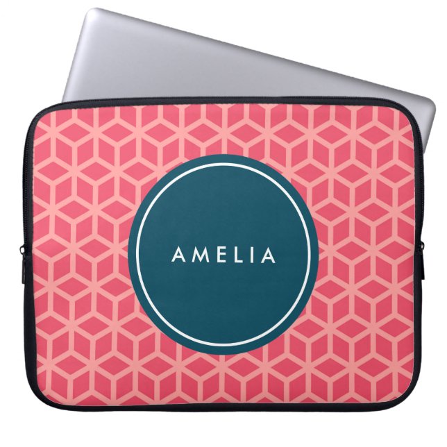Geometrische roze, monogram met gepersonaliseerde  laptop sleeve (Voorkant)
