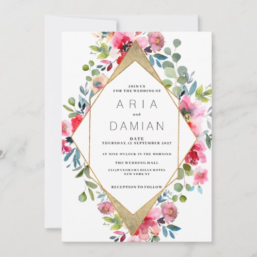Geometrische roze munt rood goud bloemenbruiloft kaart (Voorkant)
