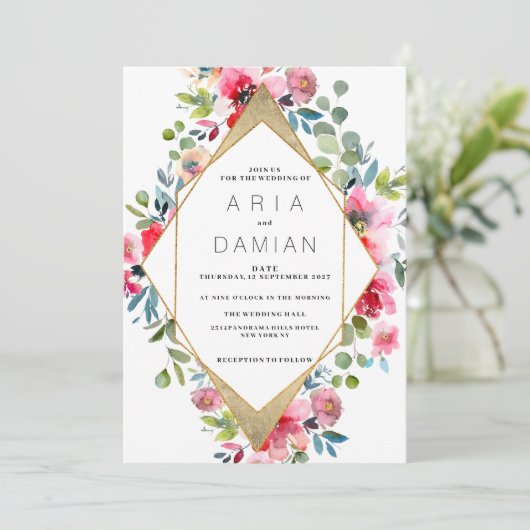Geometrische roze munt rood goud bloemenbruiloft kaart (Staand voorkant)