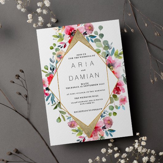 Geometrische roze munt rood goud bloemenbruiloft kaart