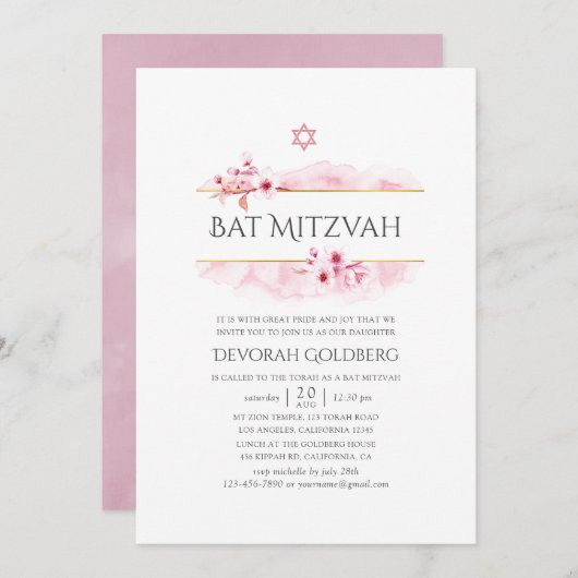 Geometrische roze Spring Blossom Bat Mitzvah Kaart (Voorkant / Achterkant)