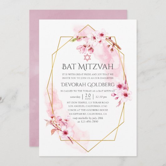 Geometrische roze Spring Blossom Bat Mitzvah Kaart (Voorkant / Achterkant)
