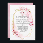 Geometrische roze Spring Blossom Bat Mitzvah Kaart<br><div class="desc">Roze waterverf floral bat mitzvah-uitnodiging met sakura blossom met goudgeometrisch lijst dat aanpasbaar is aan de specificaties van uw gebeurtenis.</div>