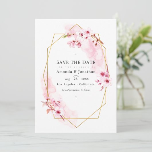 Geometrische roze Spring Cherry Blossom Weduwfoto Save The Date (Staand voorkant)