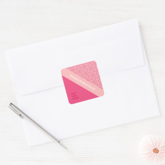 Geometrische Rozen Rode Bruiloft Vierkante Sticker (Envelop)