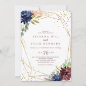 Geometrische Rustic Gold Glitter en Floral Wedding Kaart (Voorkant)