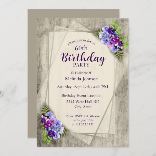 Geometrische rustieke Pansies 60e verjaardag Kaart (Voorkant / Achterkant)