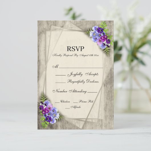 Geometrische rustieke Pansies in blauw & Paarse RS RSVP Kaartje (Staand voorkant)