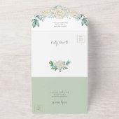 Geometrische saliegroene gebladerte en witte rozen all in one uitnodiging (Buitenkant)