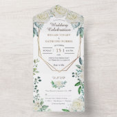 Geometrische saliegroene gebladerte en witte rozen all in one uitnodiging (Binnen)