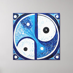 Geometrische Sereniteit: Blauw & Wit Yin Yang Canvas Afdruk