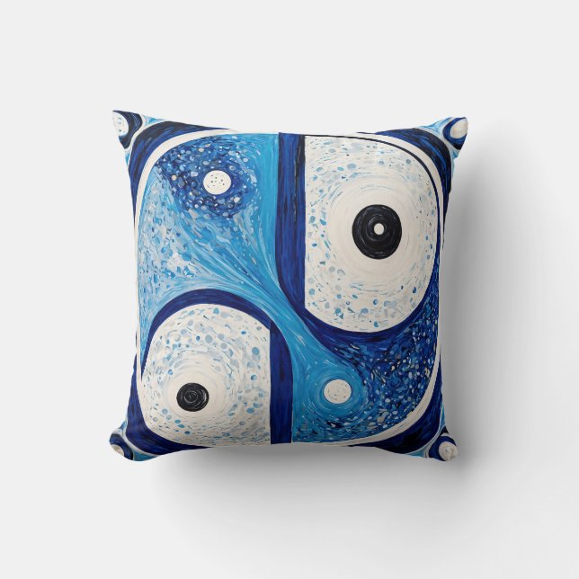 Geometrische Sereniteit: Blauw & Wit Yin Yang Kussen (Voorkant)