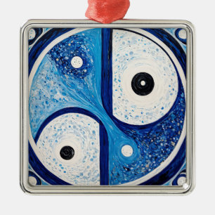 Geometrische Sereniteit: Blauw & Wit Yin Yang Metalen Ornament