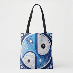 Geometrische Sereniteit: Blauw & Wit Yin Yang Tote Bag