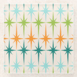 geometrische Starbursts Glazen Onderzetter<br><div class="desc">Vintage. Geometrie. Starbursten. Als je van een van die woorden houdt, is dit retro Geometrische Starbursts Glass Onderzetter voor jou. Dit moderne ontwerp uit de midden eeuw heeft een crèmeachtergrond met rijen turquoise, kalkgroen, oranje en blauwgroen sterrenbursts. Dit modelontwerp paren prachtig met de Retro Atomic Mobile Pattern van Strange Little...</div>
