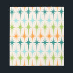 Geometrische Starbursts Notitieblok<br><div class="desc">Vintage. Geometrie. Starbursten. Als je van die woorden houdt, is dit retro Geometrische Starbursts Notitieblok voor jou. Dit moderne ontwerp uit de midden eeuw heeft een crèmeachtergrond met rijen turquoise, kalkgroen, oranje en blauwgroen sterrenbursts. Dit modelontwerp paren prachtig met de Retro Atomic Mobile Pattern van Strange Little Onion en Retro...</div>