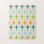 geometrische Starbursts Puzzle Legpuzzel<br><div class="desc">Vintage. Geometrie. Starbursten. Als je van een van die woorden houdt, is deze retro Geometrische Starburst Puzzle voor je. Dit moderne ontwerp uit de midden eeuw heeft een crèmeachtergrond met rijen turquoise, kalkgroen, oranje en blauwgroen sterrenbursts. Dit modelontwerp paren prachtig met de Retro Atomic Mobile Pattern van Strange Little Onion...</div>