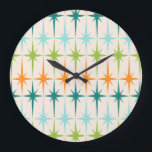 geometrische Starbursts ronde wandklok<br><div class="desc">. Geometrie. Starbursts. Als je van een van deze woorden houdt, is deze retro geometrische Starbursts Wall Clock iets voor jou. Dit moderne ontwerp uit het midden van de eeuw heeft een crème achtergrond met rijen turkoois, limoengroen, sinaasappel en blauwgroen sterrenbeelden. Dit mod-ontwerp past mooi bij de Retro Atomic Mobile...</div>