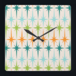 geometrische Starbursts Square Wall Clock Vierkante Klok<br><div class="desc">Vintage. Geometrie. Starbursten. Als je van die woorden houdt, is deze retro Geometrische Starbursts Wall Clock voor jou. Dit moderne ontwerp uit de midden eeuw heeft een crèmeachtergrond met rijen turquoise, kalkgroen, oranje en blauwgroen sterrenbursts. Dit modelontwerp paren prachtig met de Retro Atomic Mobile Pattern van Strange Little Onion en...</div>