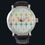 geometrische Starbursts Watch Horloge<br><div class="desc">Vintage. Geometrie. Starbursten. Als je van een van die woorden houdt, is deze retro Geometrische Starbursts Watch voor jou. Dit moderne ontwerp uit de midden eeuw heeft een crèmeachtergrond met rijen turquoise, kalkgroen, oranje en blauwgroen sterrenbursts. Dit modelontwerp paren prachtig met de Retro Atomic Mobile Pattern van Strange Little Onion...</div>