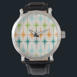 geometrische Starbursts Watch Horloge<br><div class="desc">Vintage. Geometrie. Starbursten. Als je van een van die woorden houdt, is deze retro Geometrische Starbursts Watch voor jou. Dit moderne ontwerp uit de midden eeuw heeft een crèmeachtergrond met rijen turquoise, kalkgroen, oranje en blauwgroen sterrenbursts. Dit modelontwerp paren prachtig met de Retro Atomic Mobile Pattern van Strange Little Onion...</div>