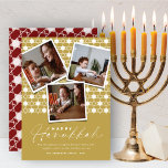 Geometrische sterren van David Gold Hanukkah 3 Fot Feestdagenkaart<br><div class="desc">Deze moderne Hanukkah-kaart is voorzien van 3 onmiddellijke fotocollage op een achtergrondpatroon van geometrische sterren. De groet is een mix typografie van een trendy handschrijvend manuscript en eenvoudige sans serif tekst. De "Happy Hanukkah"-groet en -achtergrond kunnen worden gewijzigd in elke kleur van uw keuze. Ontworpen / oorspronkelijke illustratie door vet*fa*tin....</div>