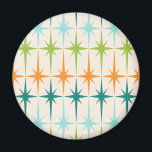 geometrische sterrenmagneet magneet<br><div class="desc">. Geometrie. Starbursts. Als je van een van deze woorden houdt, is deze retro geometrische Starbursts Magnet iets voor jou. Dit moderne ontwerp uit het midden van de eeuw heeft een crème achtergrond met rijen turkoois, limoengroen, sinaasappel en blauwgroen sterrenbeelden. Dit mod-ontwerp past mooi bij de Retro Atomic Mobile Pattern...</div>