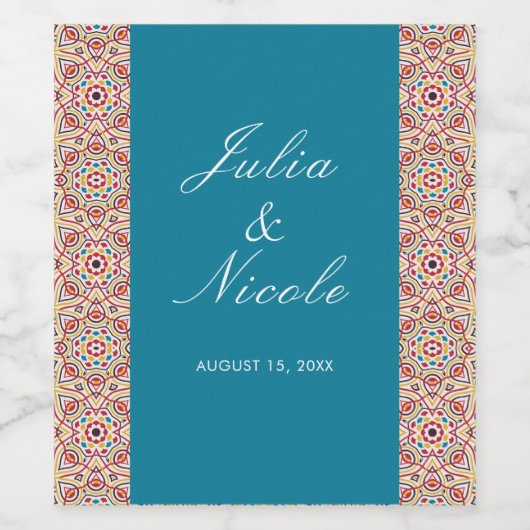 Geometrische stijl sprankelt koper Metallic bruilo Wijn Etiket (Enkel label)