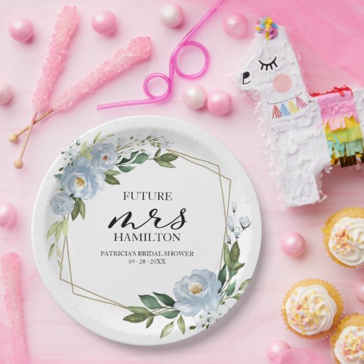 Geometrische Stof Blau Bloemige Bruidsmeisjes Borr Papieren Bordje (Feest)