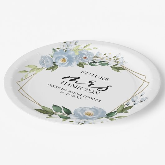 Geometrische Stof Blau Bloemige Bruidsmeisjes Borr Papieren Bordje (Gekanteld)