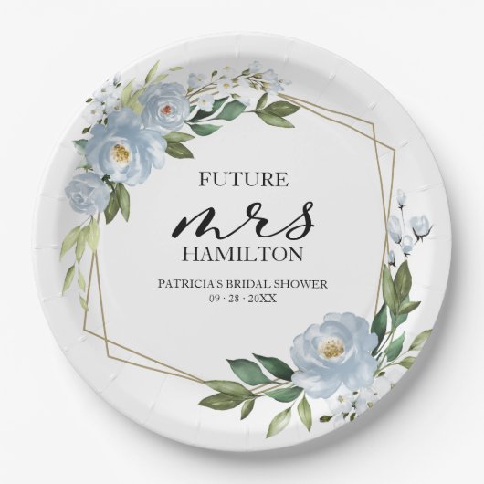 Geometrische Stof Blau Bloemige Bruidsmeisjes Borr Papieren Bordje (Voorkant)