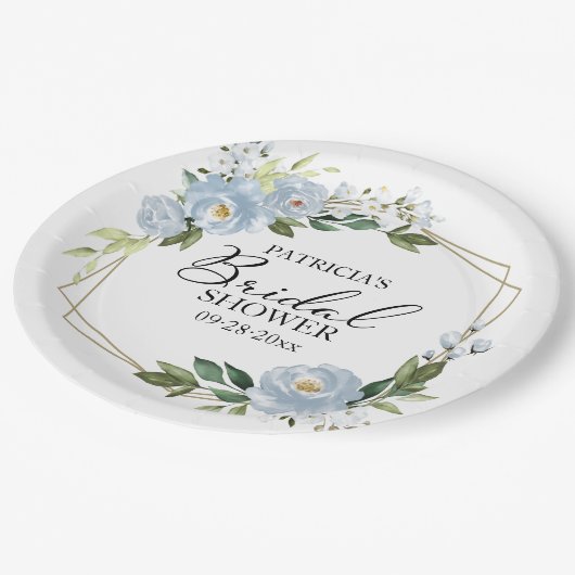 Geometrische Stofblauwe Bloemige Bruidsdouche Papieren Bordje (Gekanteld)