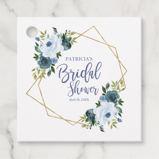 Geometrische Stofblauwe Gouden Bloem Bruidsdouche Bedankjes Labels (Voorkant)