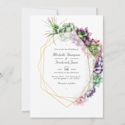 Geometrische Succulenten QR Code RSVP Garden Wedde Kaart (Voorkant)