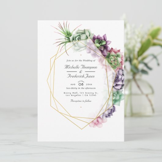 Geometrische Succulenten QR Code RSVP Garden Wedde Kaart (Staand voorkant)