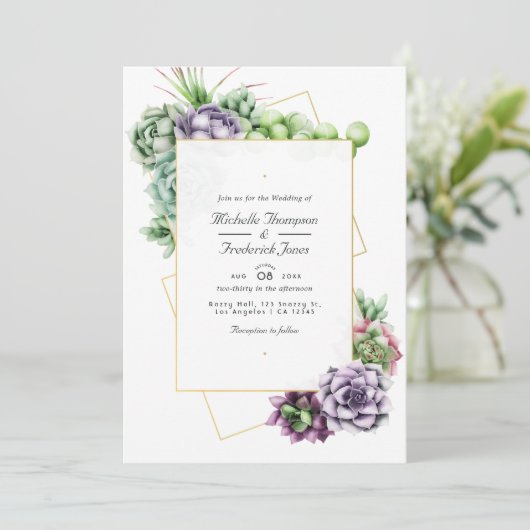 Geometrische Succulenten QR Code RSVP Weddenschap Kaart (Staand voorkant)