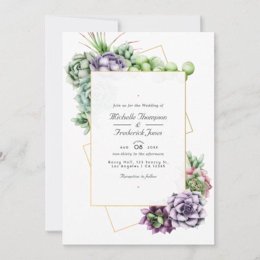 Geometrische Succulenten QR Code RSVP Weddenschap Kaart (Voorkant)