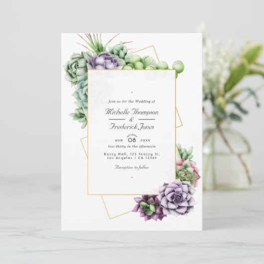 Geometrische Succulenten QR Code RSVP Weddenschap Kaart (Staand voorkant)