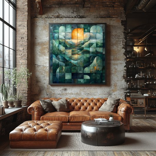 Geometrische Sunset Landscape Art - Blauwgroen en Perfect Poster