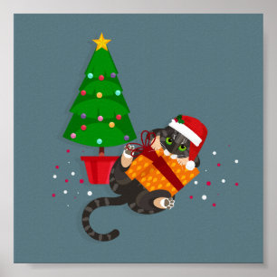 Geometrische tabbykat speelt met kerstcadeau poster