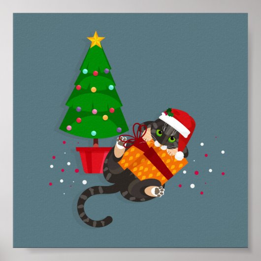 Geometrische tabbykat speelt met kerstcadeau poster (Voorkant)