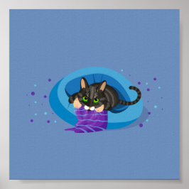 Geometrische tafelkat op bed met gestreepte deken poster